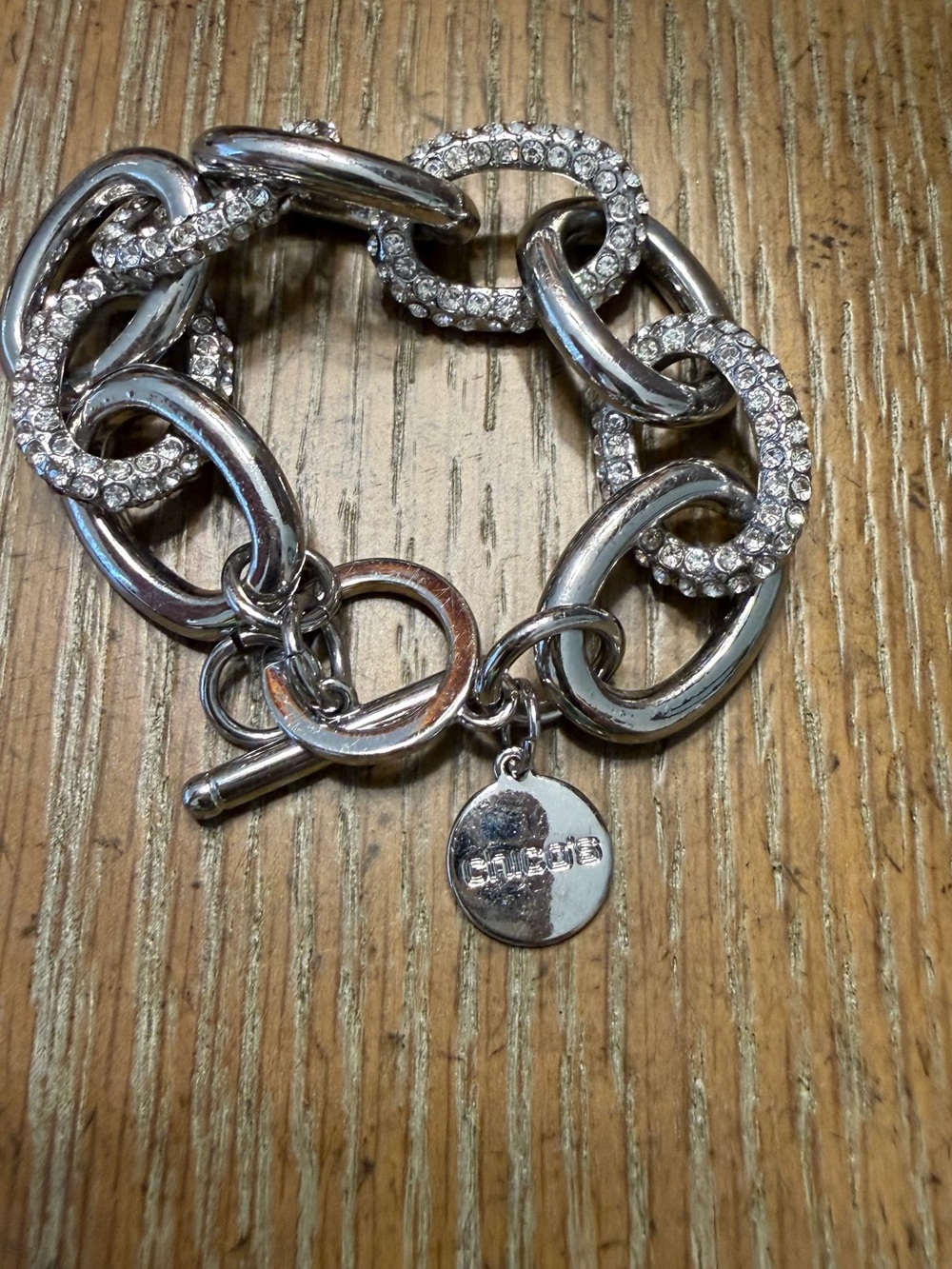 Chico's Sparkling Silver-Link Toggle Bracelet with Logo Disc